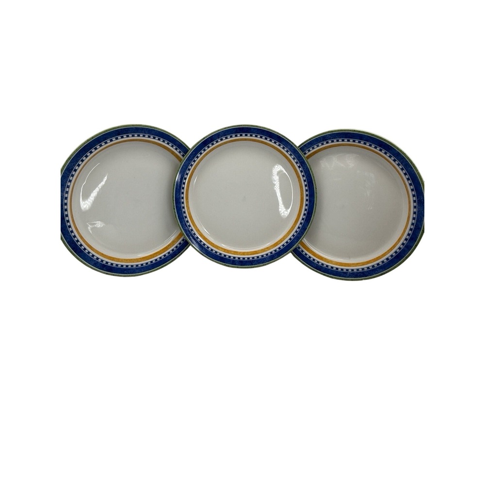 3 Dansk Bistro KOBENHAVN PATTERN Rimmed Soup Pasta Bowls Shallow Blue Gold Green